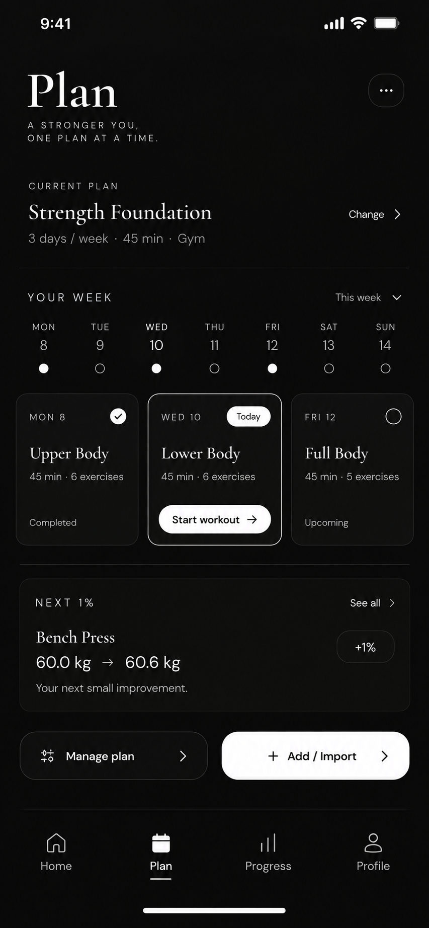 Plan screen showing a weekly training schedule