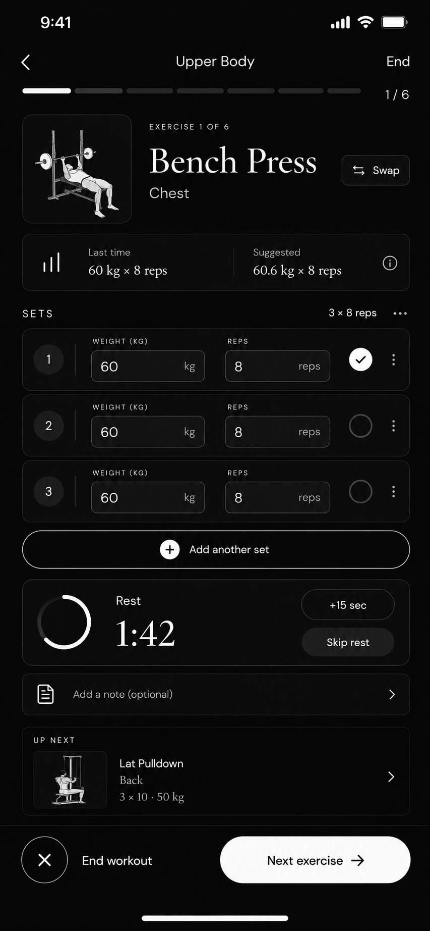 Active workout screen for Bench Press showing last 60 kg and a suggested 60.6 kg with a rest timer